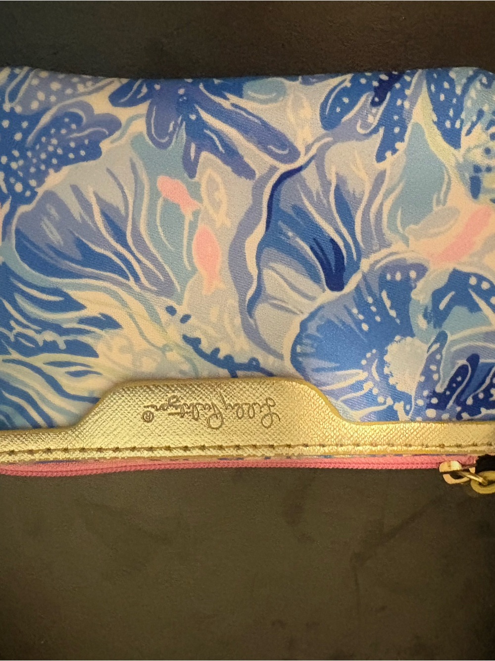 Lilly Pulitzer Blue & Pink Floral Zip Card Holder with Gold Trim